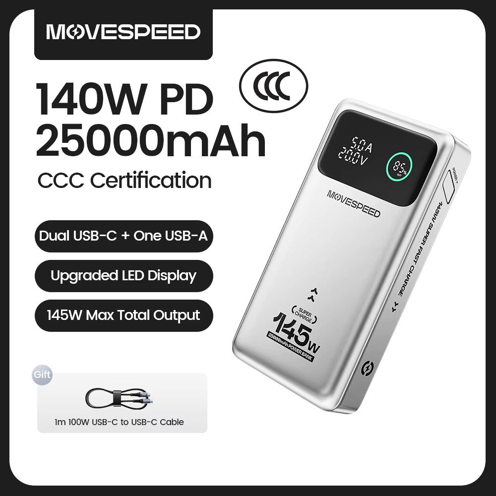 Power Bank 25000mAh 140W com Carregamento Rápido e Display Digital