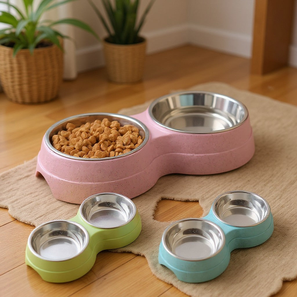 1 tigela dupla de aço inoxidável para cães e gatos