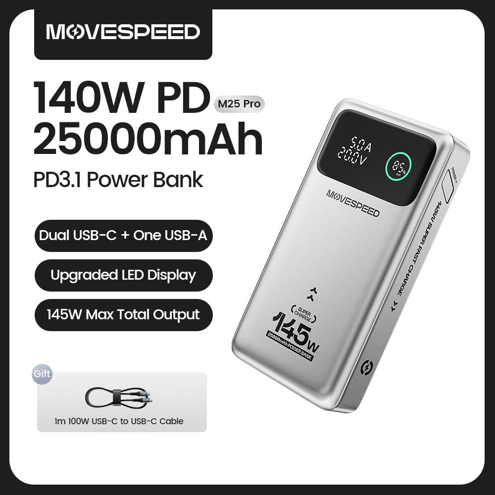 Power Bank 25000mAh 140W com Carregamento Rápido e Display Digital